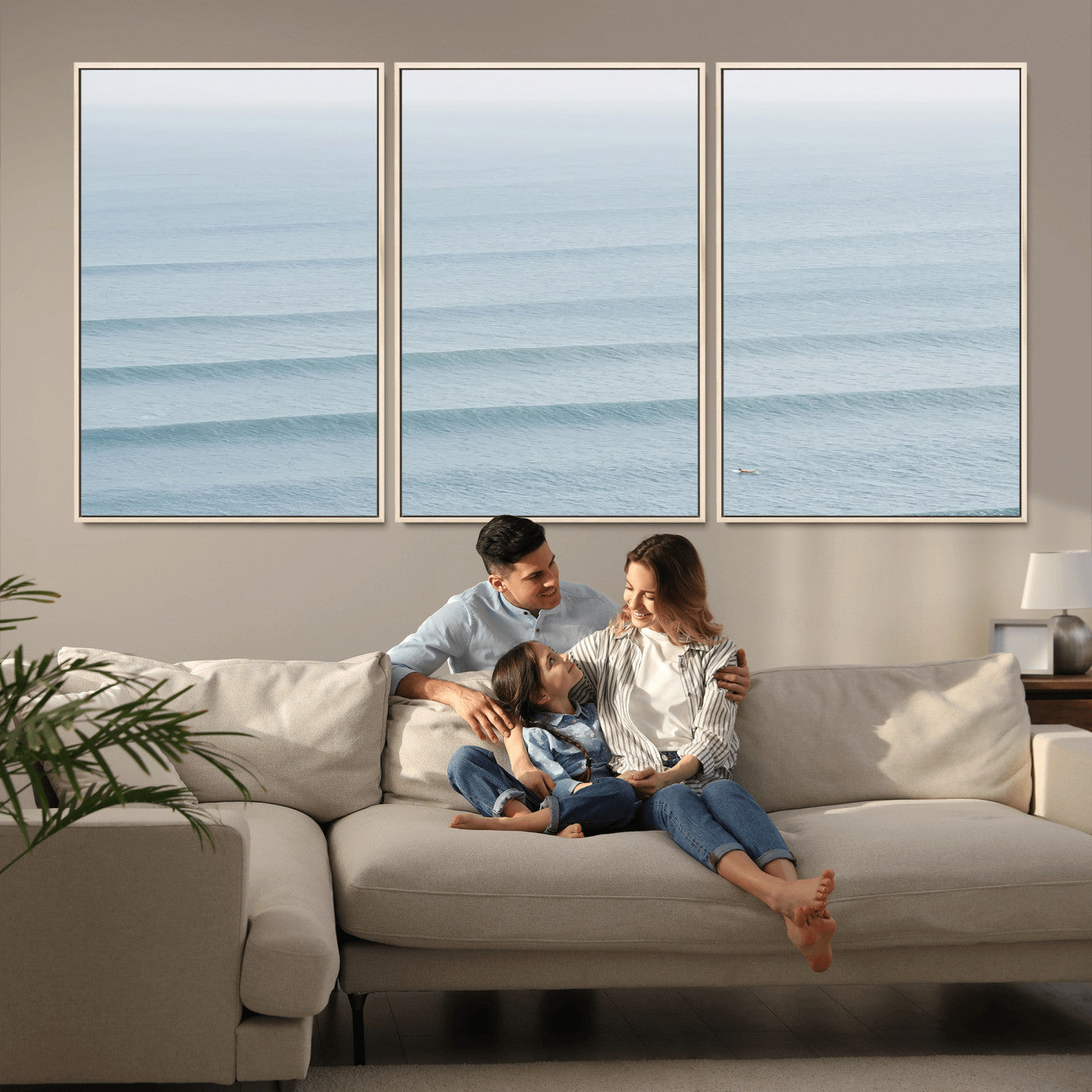 Framed canvas of repeating ocean waves with a distant solo surfer, ideal for minimalist ocean or calm coastal wall decor.