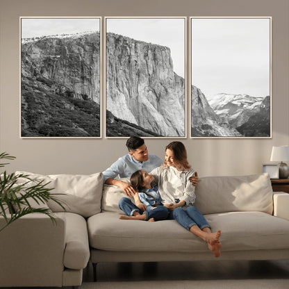 Monochrome canvas of El Capitan’s granite wall in Yosemite with snowy peaks, ideal for dramatic mountain or black-and-white nature decor.