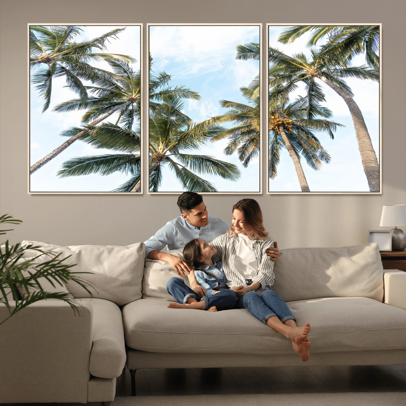 Framed canvas of tall palm trees reaching into a tropical sky, ideal for beach home or relaxed island-inspired wall decor.