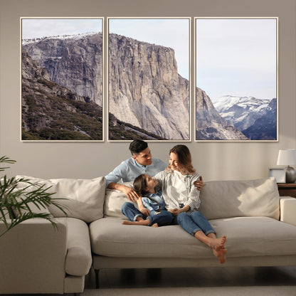 Framed canvas of El Capitan’s vertical granite face in Yosemite with snowy peaks, ideal for Sierra minimalism or mountain-inspired decor.