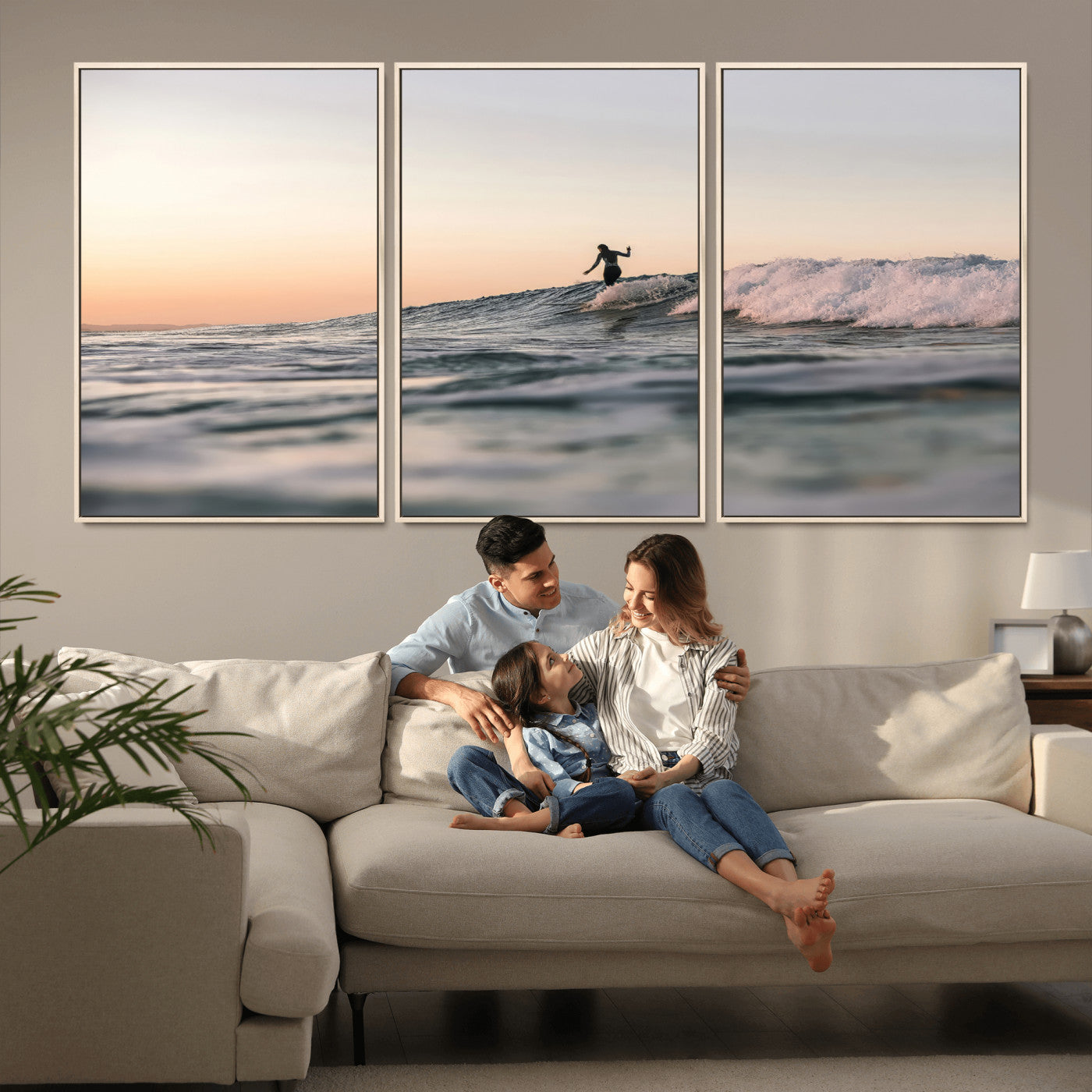 Framed canvas of a female surfer balancing on a wave at sunset, perfect for serene surf or ocean-inspired coastal decor.