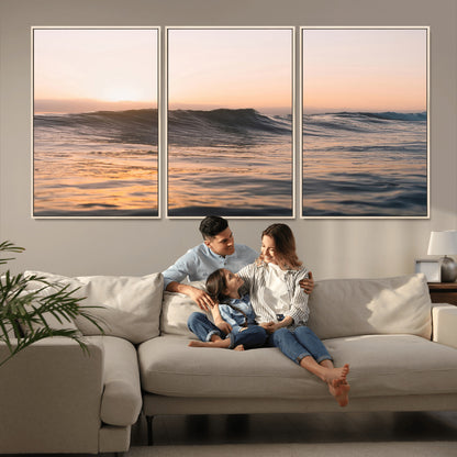 Framed canvas of ocean waves glowing in sunset light, ideal for golden hour calm or peaceful coastal-inspired wall decor.