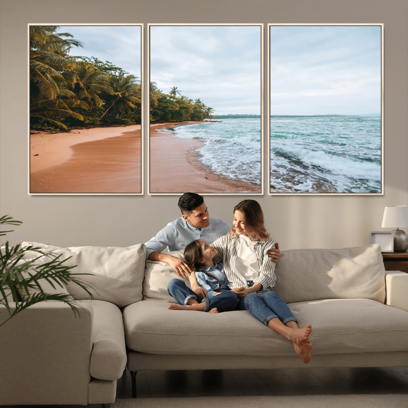 Framed canvas of a tropical beach with palm trees and soft waves, ideal for coastal escape or serene nature-inspired home decor.