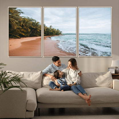 Framed canvas of a tropical beach with palm trees and soft waves, ideal for coastal escape or serene nature-inspired home decor.