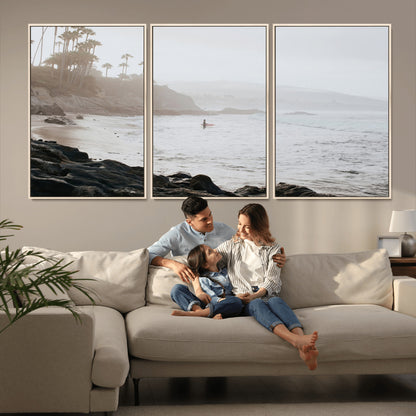 Framed canvas of a surfer in misty coastal tones at a foggy California beach, ideal for minimalist coastal beach or serene ocean-themed decor.