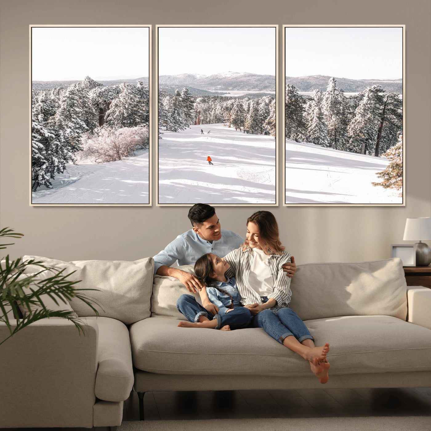 Bright ski trail lined with snow-covered pines and a skier in orange, perfect for alpine adventure or winter sports-inspired decor.