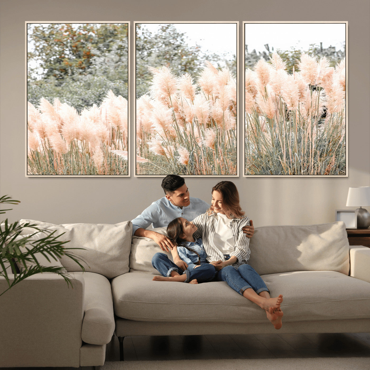 Soft pastel pampas grasses in a natural setting, ideal for neutral boho or rustic botanical-style interior wall decoration.