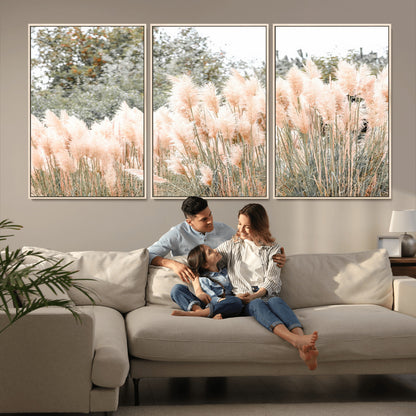 Soft pastel pampas grasses in a natural setting, ideal for neutral boho or rustic botanical-style interior wall decoration.