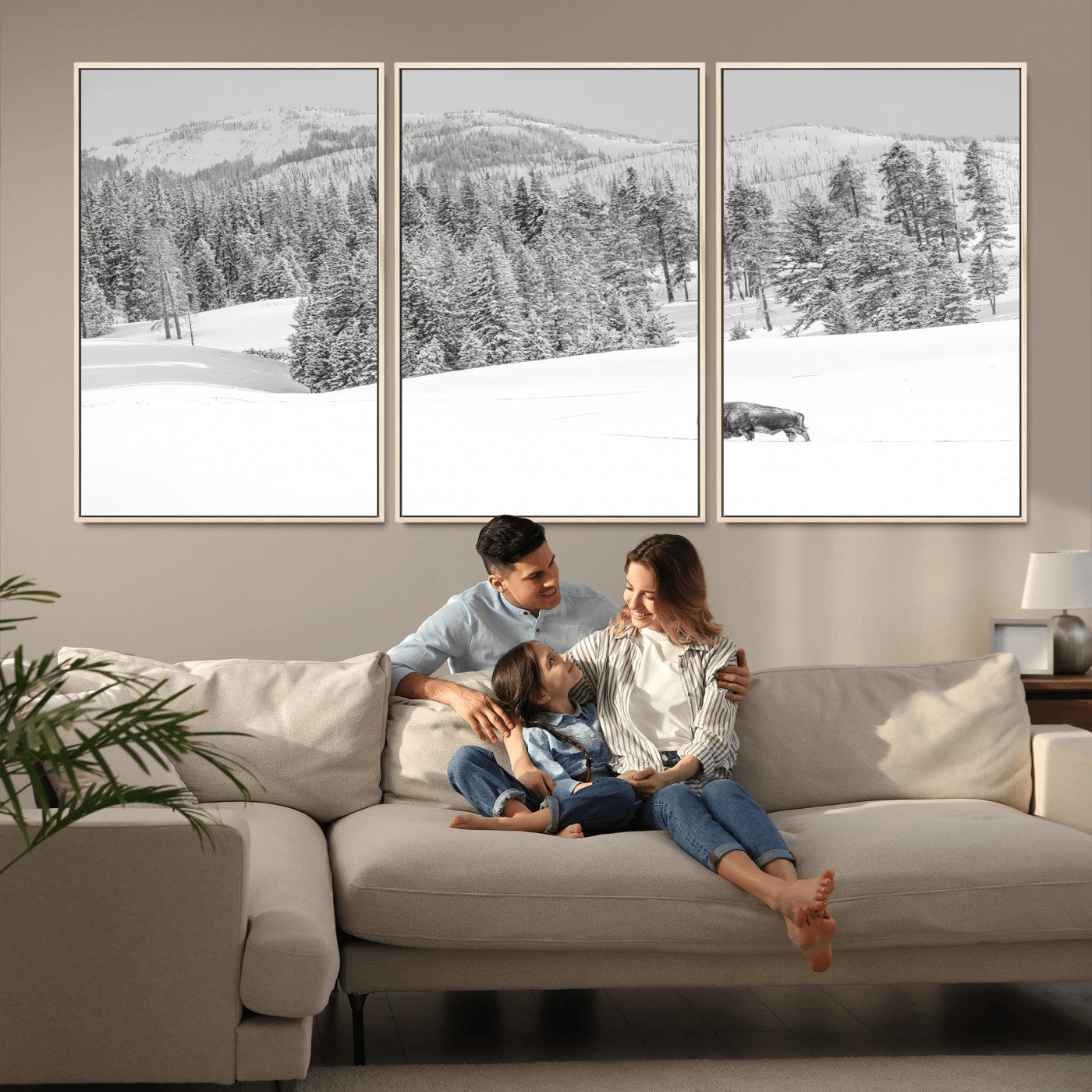 Snowy bison walking through white forest landscape, ideal for monochrome winter or wilderness-style interior wall decoration.