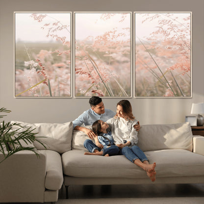 Soft pastel field with wild grasses in warm light, ideal for minimal nature or airy countryside-inspired interior wall decoration.