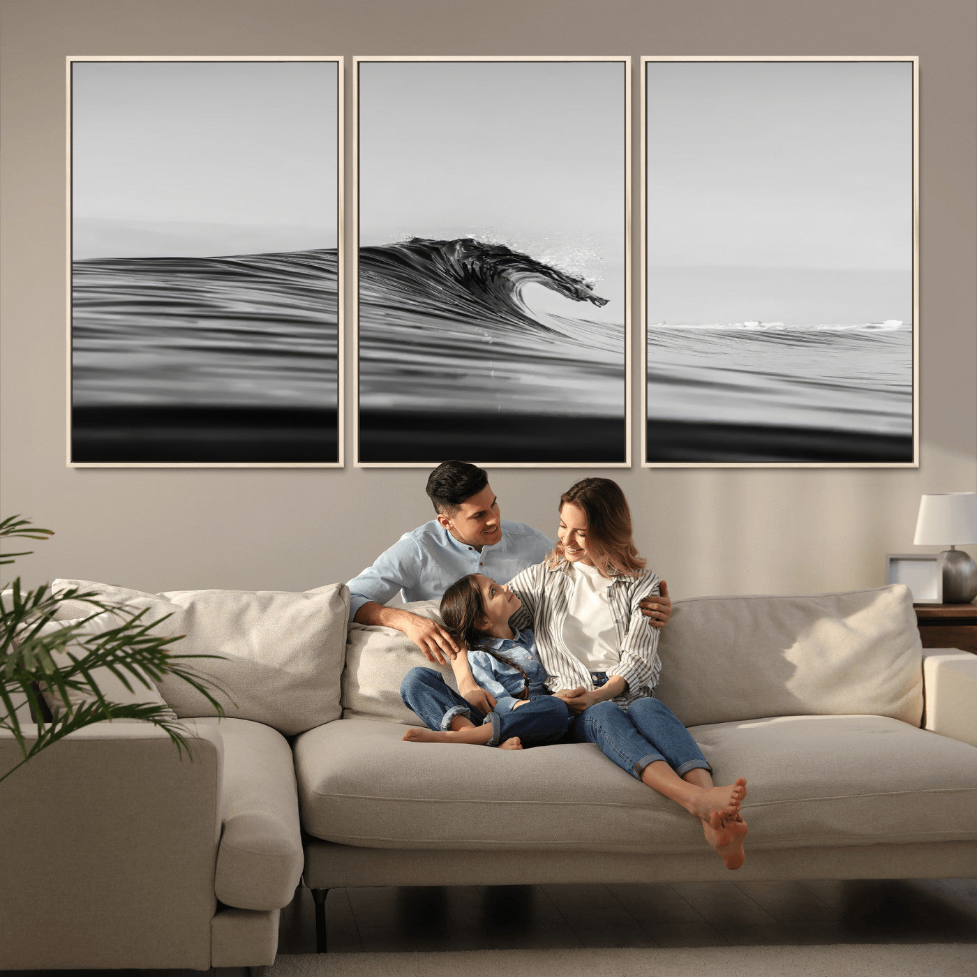 Striking black and white photo of a curling wave, ideal for modern coastal or minimalist wall decor settings.