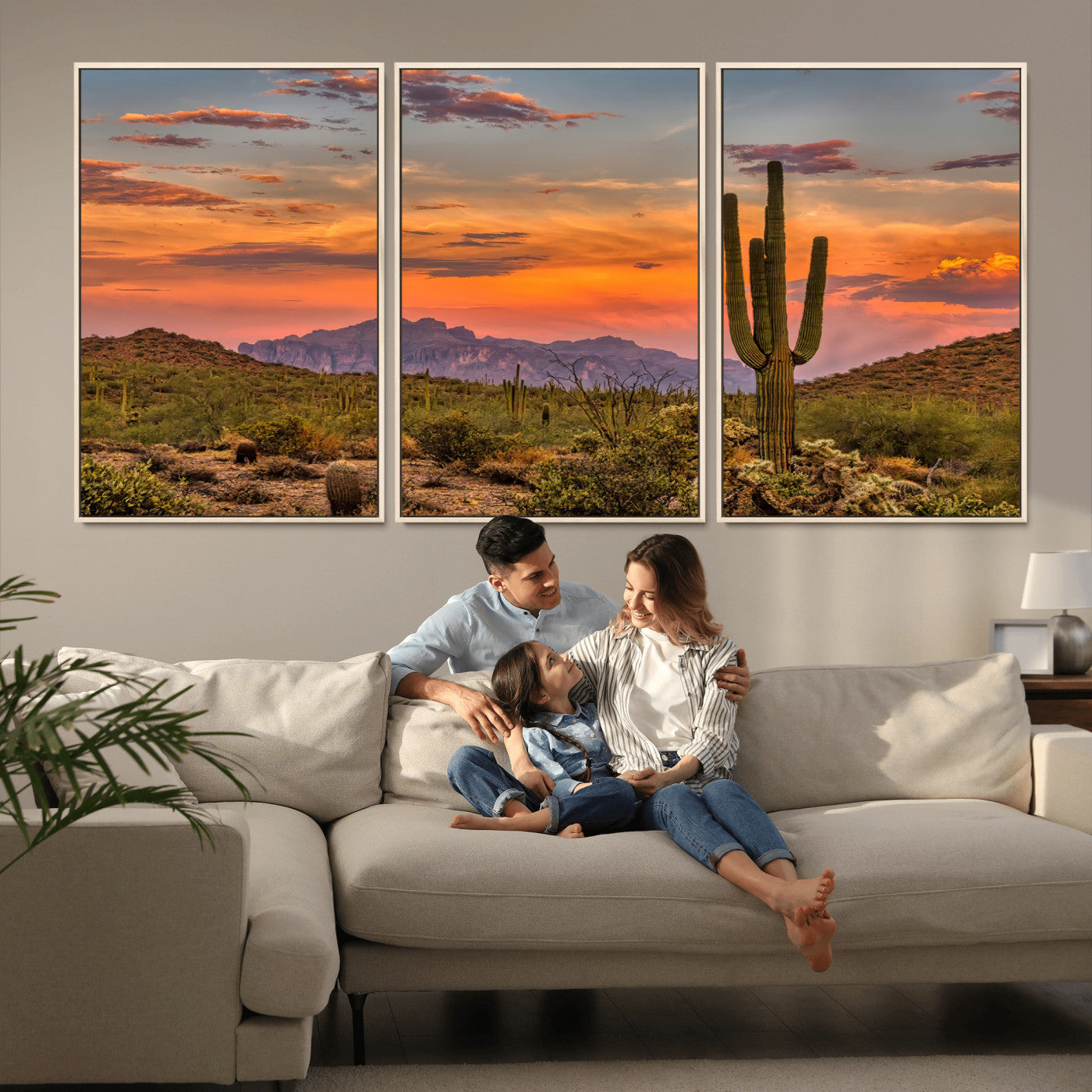 Vibrant desert sunset with saguaro cacti and distant mountains, perfect for Southwestern or warm-toned home decor.