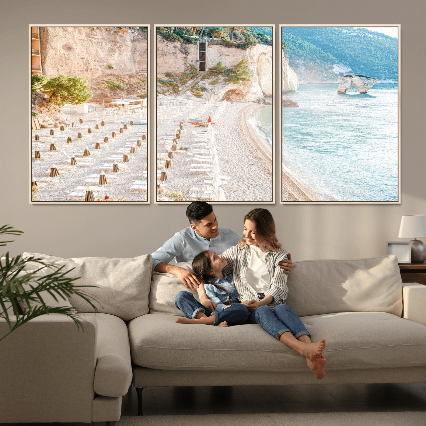 Wall art of a calm Mediterranean beach with rows of sun loungers and umbrellas in soft pastel tones, perfect for light coastal or vacation-themed decor.