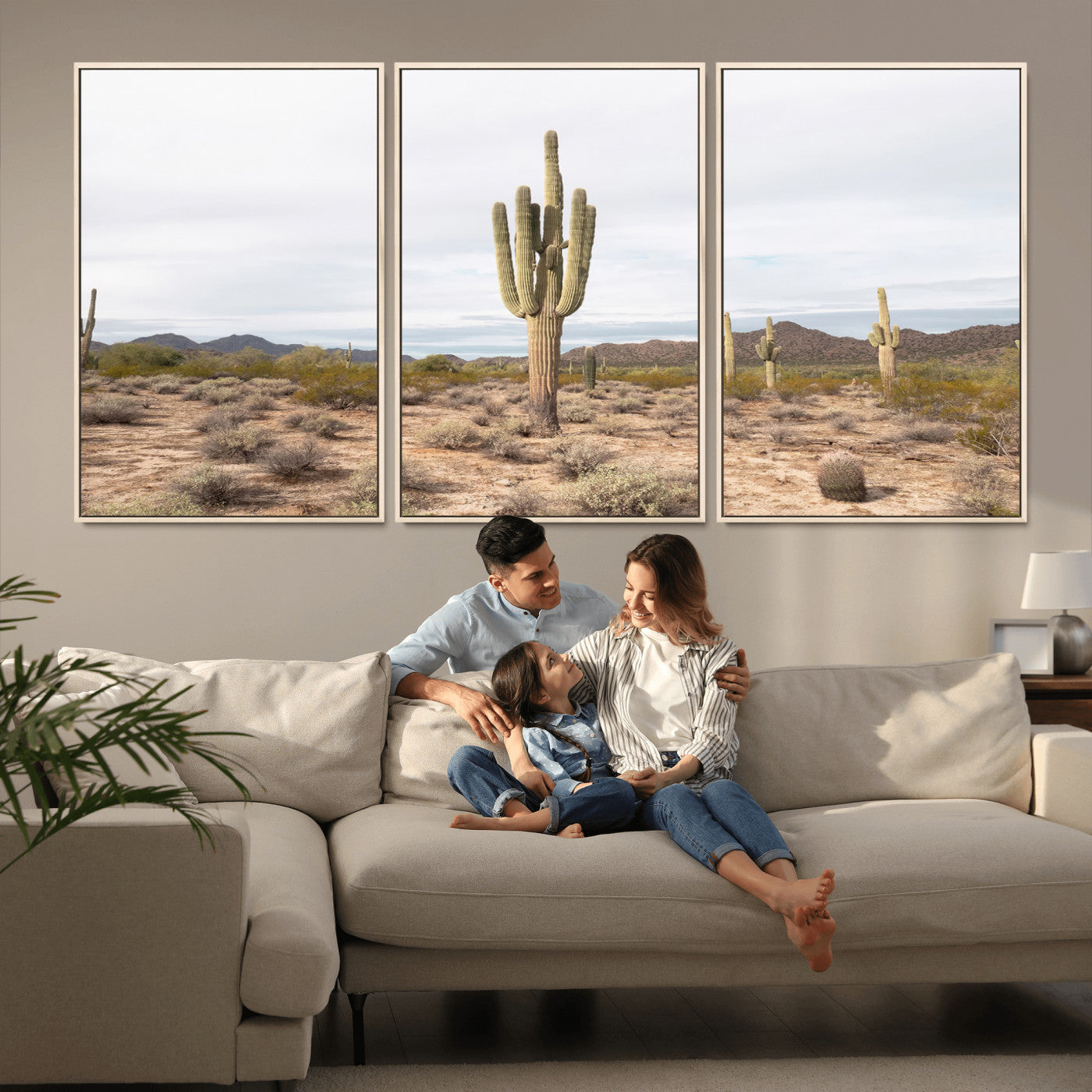 Canvas of a saguaro cactus in an earthy Sonoran desert landscape, ideal for Southwestern Boho or desert minimalism inspired home decor.   2/2