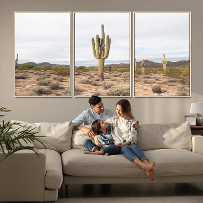 Canvas of a saguaro cactus in an earthy Sonoran desert landscape, ideal for Southwestern Boho or desert minimalism inspired home decor.   2/2
