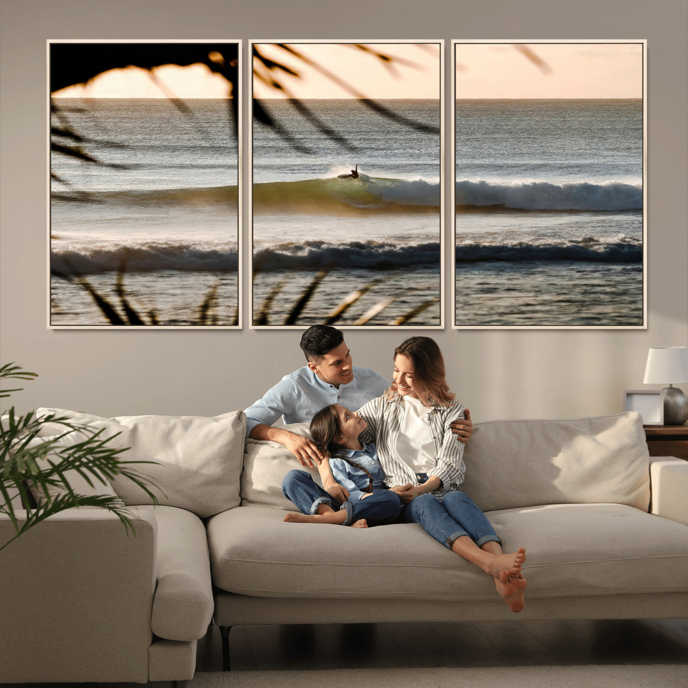 Photo of a surfer riding a golden hour wave at sunset, with tropical tones and dreamy light, perfect for tropical boho or coastal home decor.