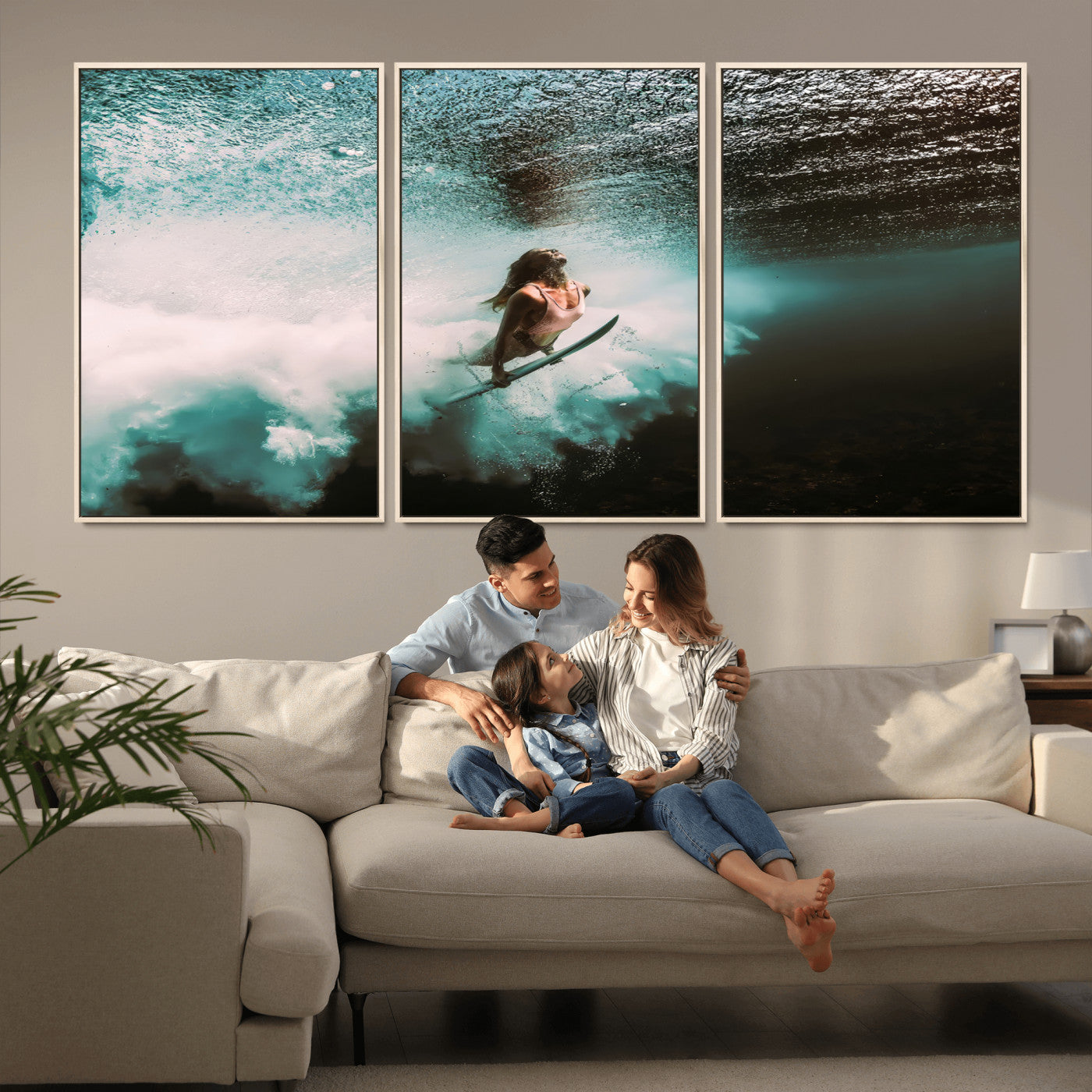 Vibrant underwater photo of a female surfer diving through turquoise waves, perfect for coastal boho or surf-inspired home decor.