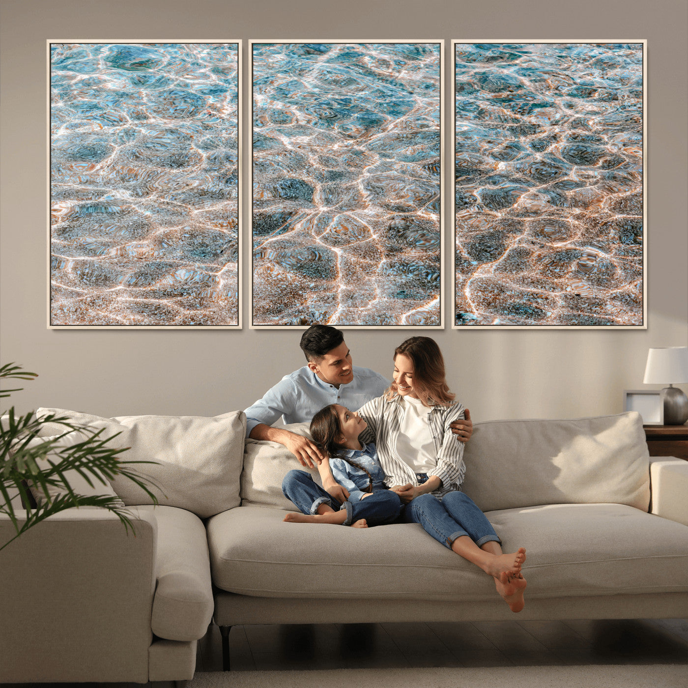 Close-up of sunlit ocean ripples with aqua blue and golden tones, ideal for modern coastal or minimalist home decor.
