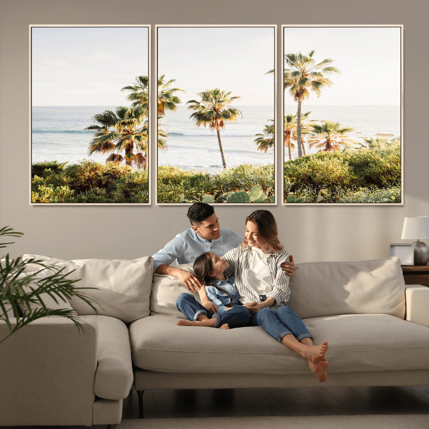 Framed print of sunlit palm trees on the California coast with warm tones, perfect for coastal minimalist or beach-style home decor.