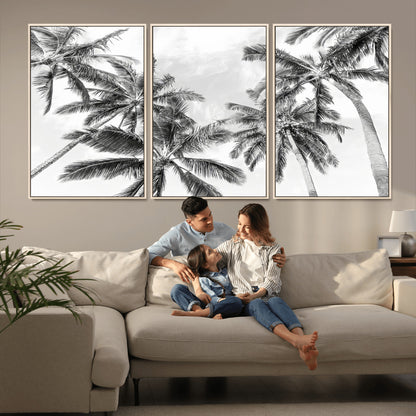 Black and white tropical palm trees viewed from below, swaying gently against a bright sky, creating a serene and elegant coastal atmosphere.