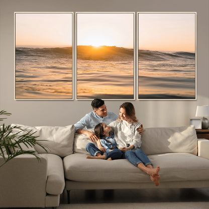 Ocean waves glowing under a warm golden sunset, reflecting soft light and calm movement, perfect for warm minimalist coastal interiors.