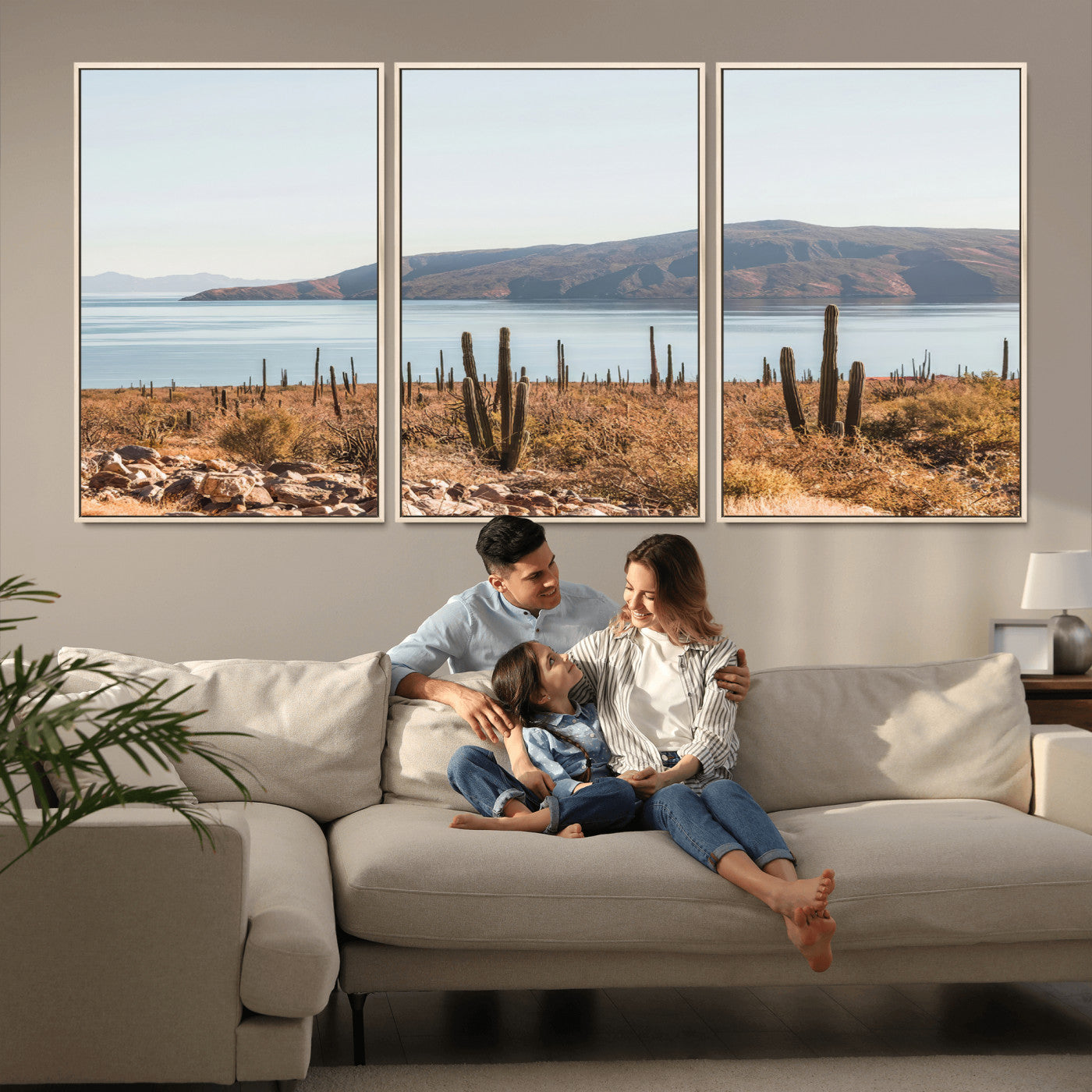 Warm desert landscape with cacti and coastal mountains, perfect for southwestern or earthy calm-themed home wall decor.