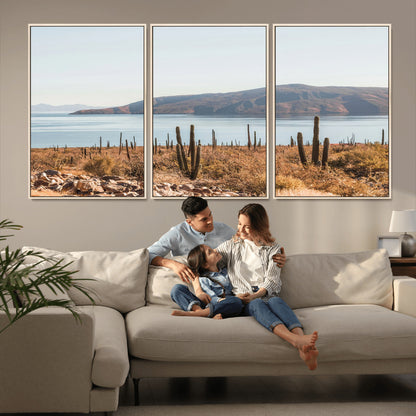 Warm desert landscape with cacti and coastal mountains, perfect for southwestern or earthy calm-themed home wall decor.
