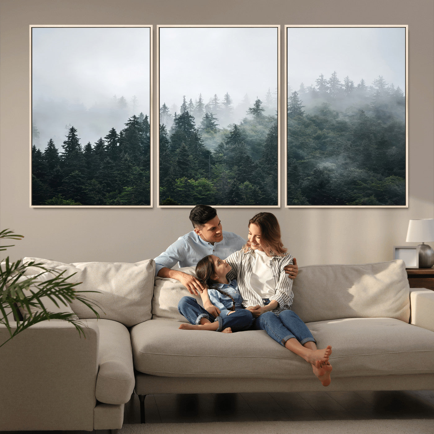 A misty evergreen forest shrouded in soft fog, creating a tranquil and moody landscape with lush green trees fading into the distance.