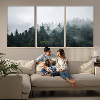 A misty evergreen forest shrouded in soft fog, creating a tranquil and moody landscape with lush green trees fading into the distance.