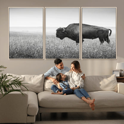 A black and white photograph of a majestic bison standing in a vast grassy prairie, evoking a sense of wilderness and strength.