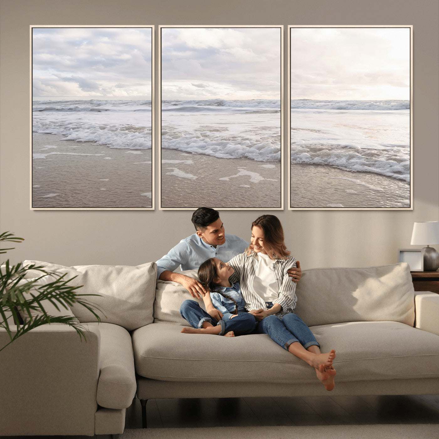 Peaceful ocean waves rolling onto the sandy shore under soft light, perfect for neutral or coastal minimalist decor themes.