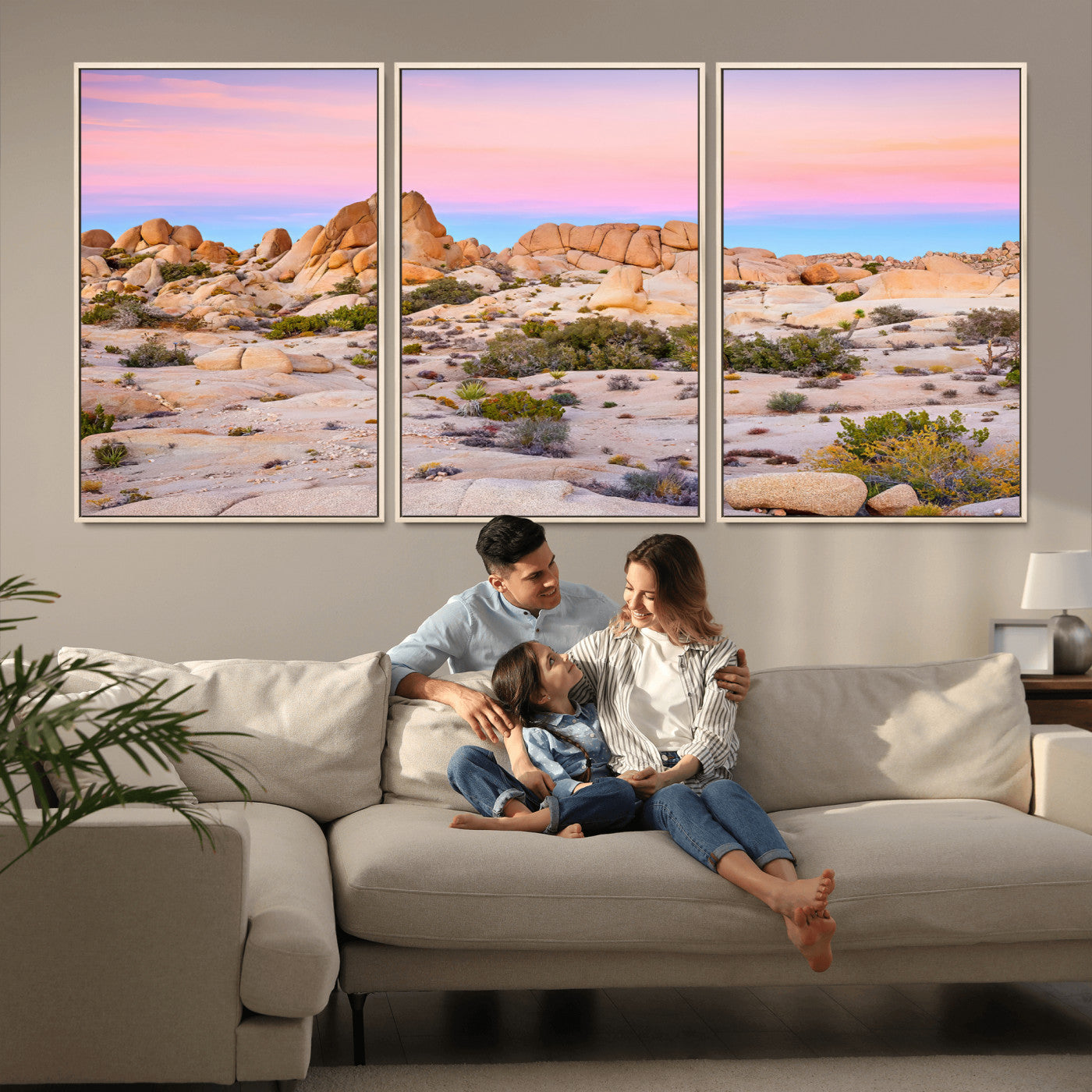A breathtaking desert landscape featuring rugged rock formations under a vibrant pastel sunset sky, capturing the warmth and serenity of a Southwestern wilderness.