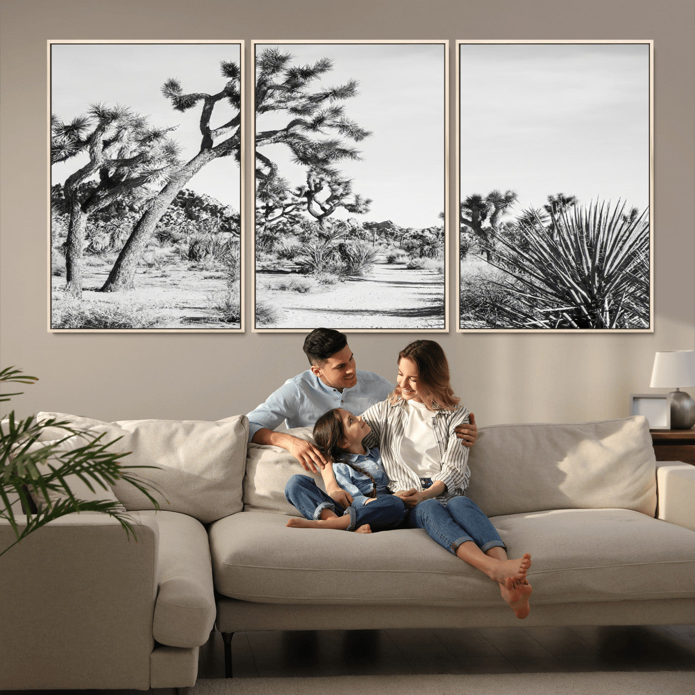 Canvas of a Joshua Tree forest in black and white tones, featuring a desert path and spiky vegetation, ideal for minimalist or rustic decor.