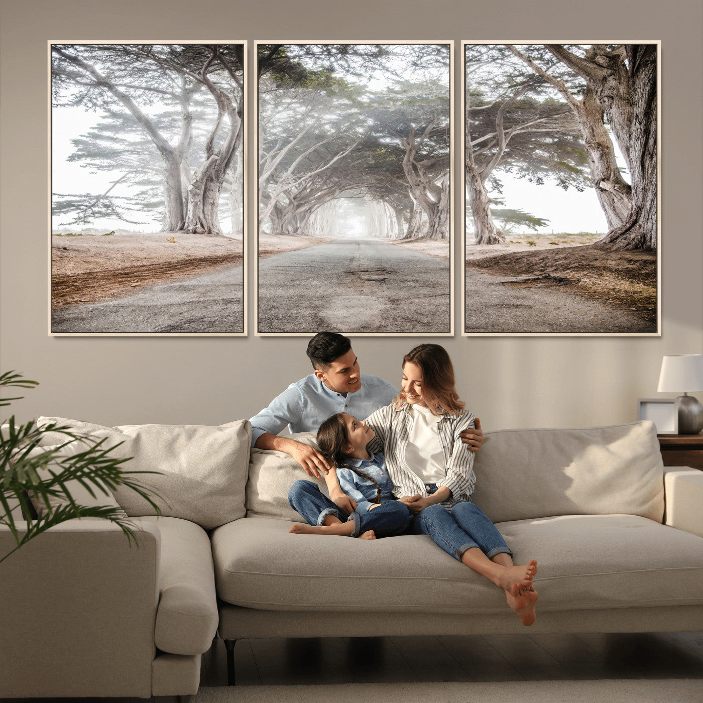 Canvas of a misty tree tunnel with arching cypress trees and an earthy road, ideal for rustic or coastal nature decor.