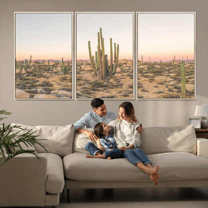 Canvas of tall desert cacti in warm sunset tones over a rocky Baja landscape, ideal for earthy or Southwestern-style home decor.
