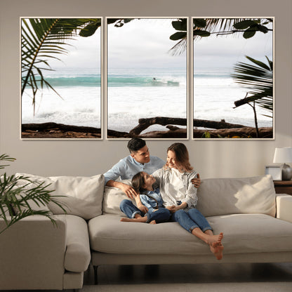 Tropical beach view with palm trees and surfer riding a wave, perfect for boho or coastal-inspired interior wall decor.