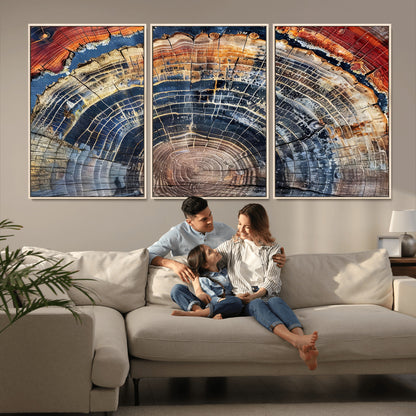 Vibrant tree ring with orange, brown, and blue tones in abstract detail, perfect for rustic or boho-inspired wall decor.