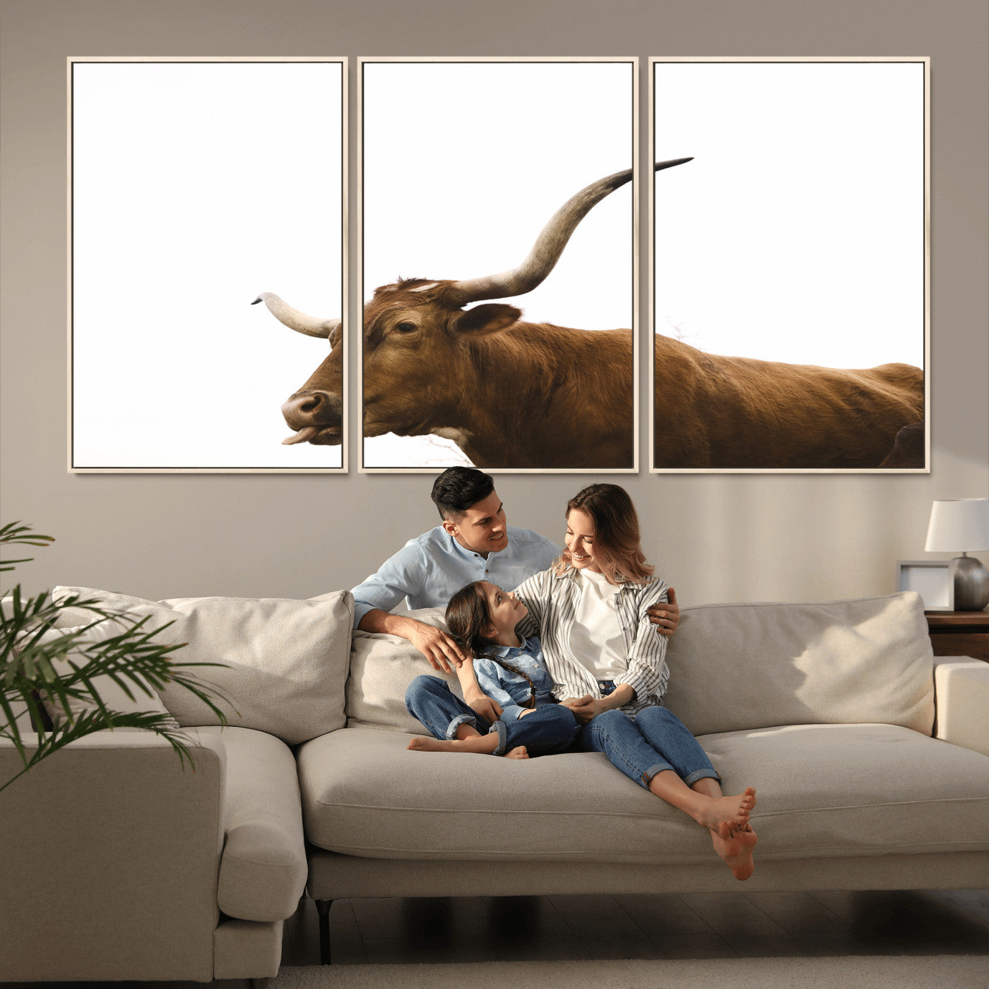 Minimal photo of a longhorn cow with white background, ideal for rustic, western or farmhouse-style interior decor.