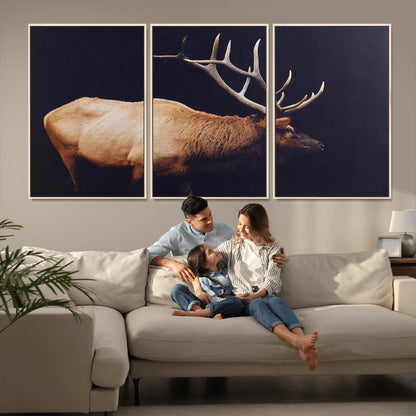 Side view of a majestic elk with large antlers against dark background, perfect for rustic lodge or cabin style home decoration.