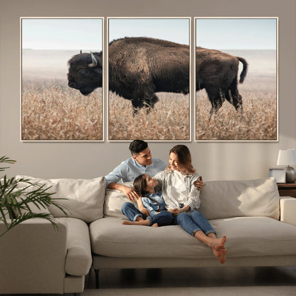 A lone bison stands in a vast prairie under a soft sky, evoking freedom and rustic charm for western or farmhouse inspired interiors.