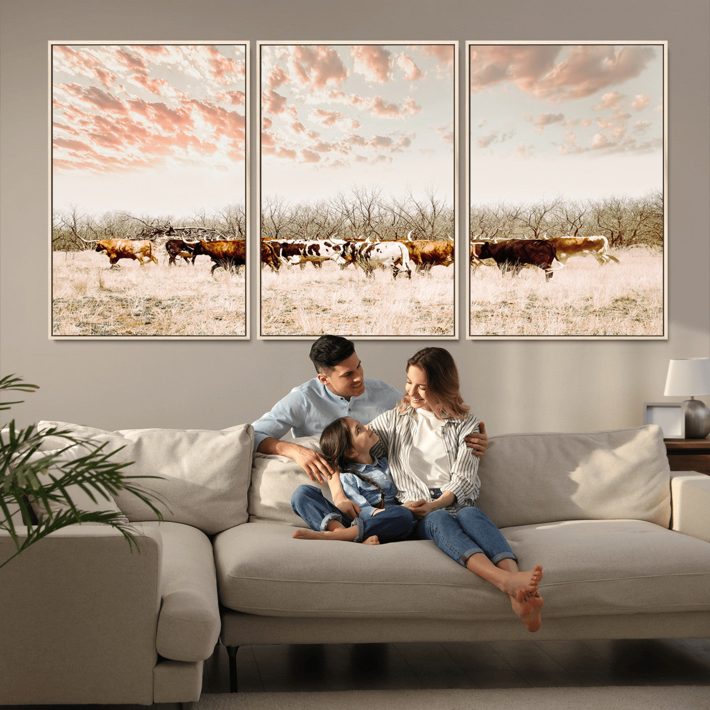 Cattle herd in a soft-toned field under a pastel pink sky, creating a peaceful rustic feel, perfect for farmhouse or western-themed spaces.
