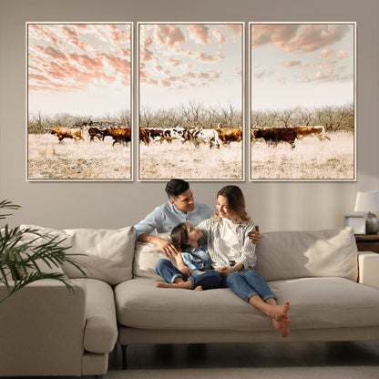 Cattle herd in a soft-toned field under a pastel pink sky, creating a peaceful rustic feel, perfect for farmhouse or western-themed spaces.