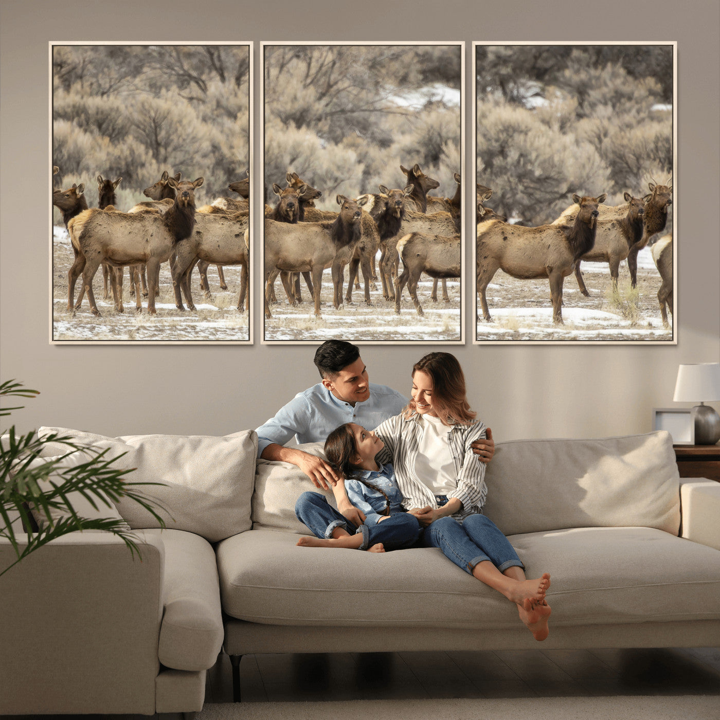 A large herd of elk standing in an open field with soft earthy tones, ideal for rustic lodge or western-themed home wall decor.
