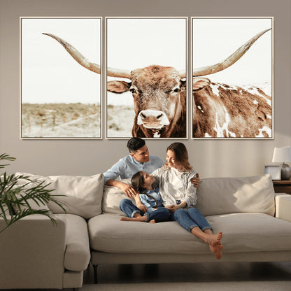 A Texas longhorn bull with wide horns, standing in a dry field under soft light, ideal for rustic farmhouse or western-themed interiors.