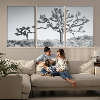 Black and white Joshua tree in a desert landscape with soft light and dry brush, perfect for rustic or minimalist home decor.