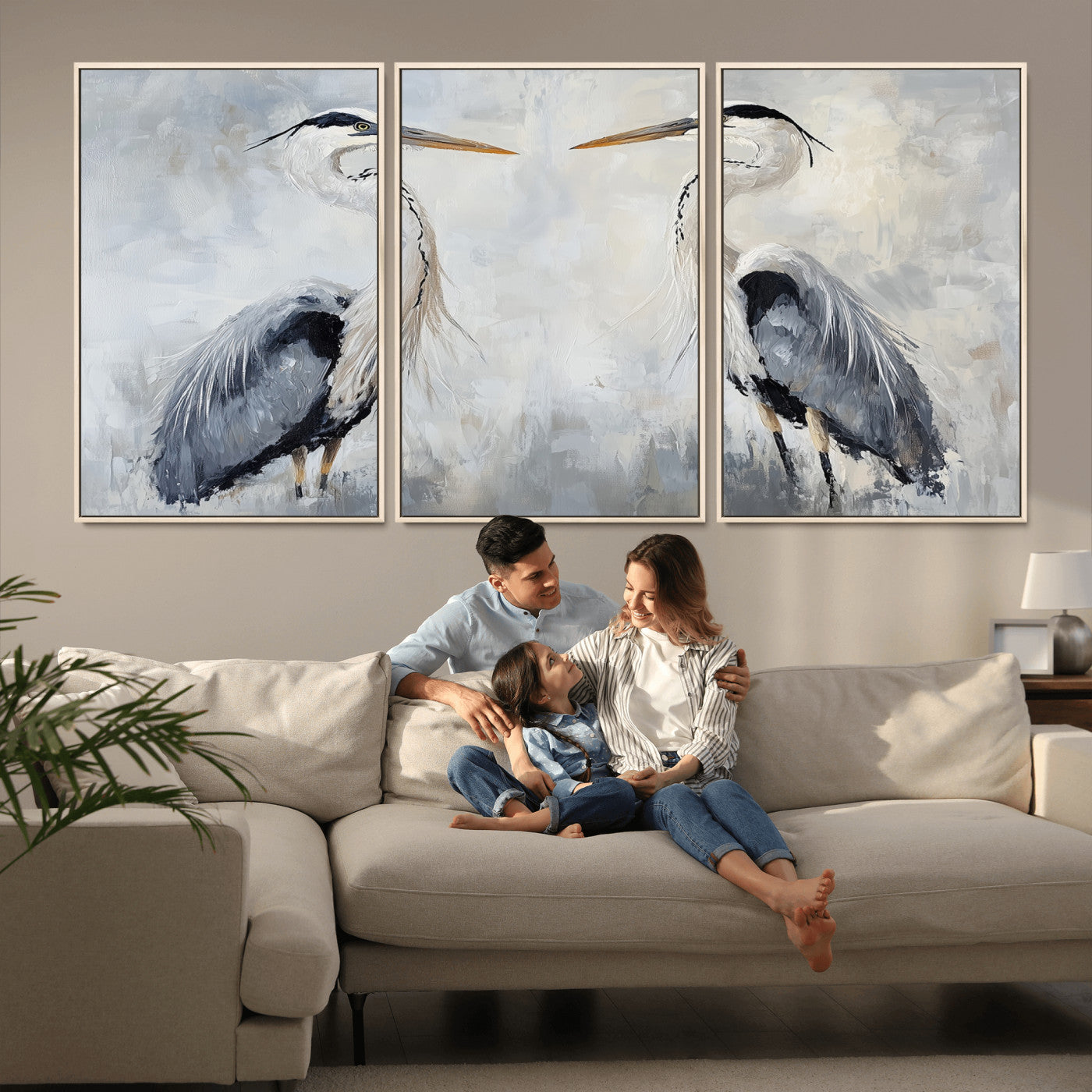 Two herons facing each other on a soft-toned background with blue-grey feathers, perfect for tranquil, coastal or nature-themed interiors.