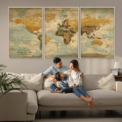 40572820-MGV-FC-60X30-3P_Natural-Custom Push Pin World Map Wall Canvas Print – Personalized Travel Tracker with Pins – Framed Custom Quotie Canvas for Home Office Decor
