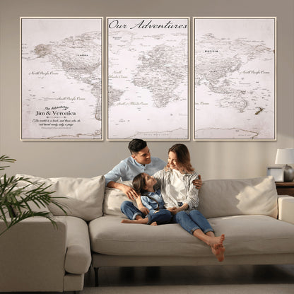Customize Push Pin World Map Wall Canvas Print – Personalized Travel Map with Foam Pins – Framed Custom Quotie Canvas for Home Office Decor