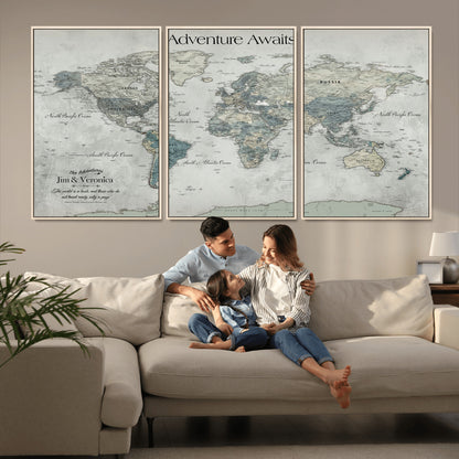 Customize Push Pin World Map Wall Canvas Print – Personalized Travel Tracker with Pins – Framed Custom Quotie Canvas for Home Office Decor