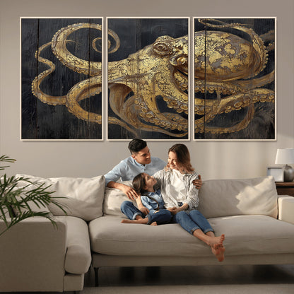 A detailed gold illustration of an octopus on black wooden planks, showing its intricate tentacles and textured skin in an artistic style.